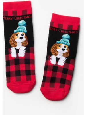 Kırmızı  Köpek Desenli Kız Çocuk Yılbaşı Çorap