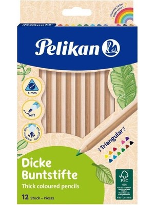 Pelikan Jumbo Kuru Boya 12'li Ahşap Gövdeli Kalemler Üçgen Renkli Tasarım