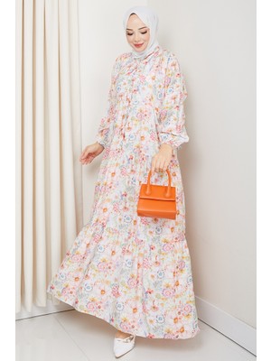 Elera Desenli Yarasa Kol Tesettür Elbise 1572 - Pembe