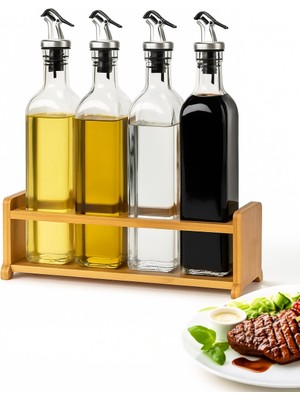 Cam Zeytinyağı ve Sirke Şişesi Seti Doğa Ahşap Tutucu 250ML Sızdırmaz Kapaklı Sos Yağdanlık Set Standlı 4'lü Set