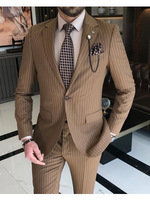 Terzi Adem İtalyan stil slim fit çizgili erkek ceket pantolon takım elbise Kahverengi T7193