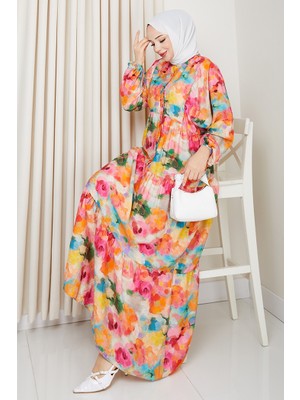 Ezra Yarasa Kol Tesettür Elbise 1574 - Turuncu