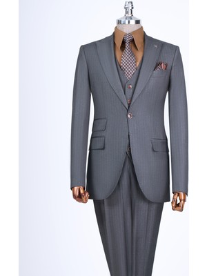 Italyan Stil Slim Fit 8 Drop Ceket Yelek Pantolon Takım Elbise Gri T13360
