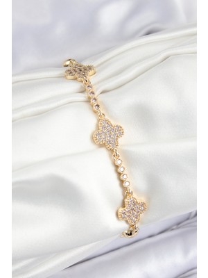 Pirinç Zirkon Taşlı Yonca Model Gold Renk Kadın Bileklik