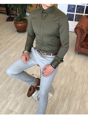 Terzi Adem İTALYAN KESİM  ERKEK  SATEN HAKİ YEŞİL ZİNCİRLİ GÖMLEK T4094