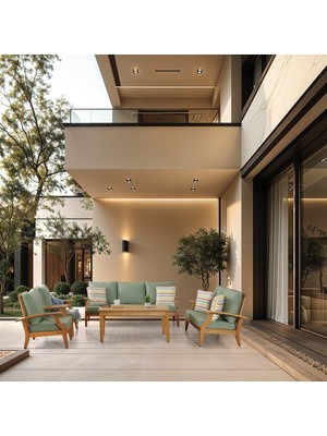 Natural Yeşil Ahşap Balkon Bahçe Takım Mobilya Oturma Grubu Masa Berjer Kanepe Sünger Minder 3211S