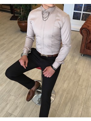 Terzi Adem İTALYAN KESİM  ERKEK  SATEN BEJ ZİNCİRLİ GÖMLEK T4095