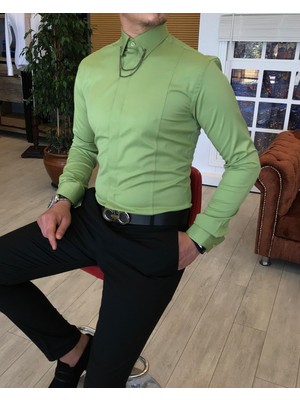 Terzi Adem İTALYAN KESİM  ERKEK  SATEN AÇIK YEŞİL ZİNCİRLİ GÖMLEK T4093
