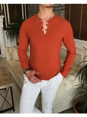 Terzi Adem italyan stil erkek yakasız hakim yaka gömlek Kiremit T5818