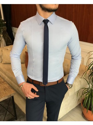Terzi Adem İtalyan stil slim fit erkek kravat yaka gömlek Mavi T6816