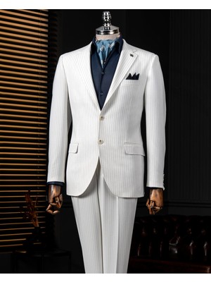 Italyan Stil Slim Fit Gofre Kumaş Ceket Pantalon Takım Elbise Ekru T13875