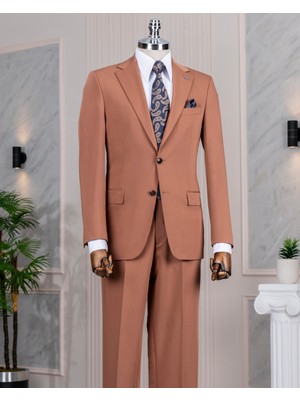 Italyan Stil Slim Fit Mono Yaka Ceket Pantolon Takım Elbise Kahverengi T14236