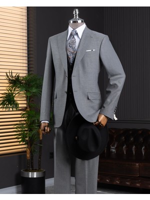 Italyan Stil Kombin Takım Elbise Ceket Yelek Pantalon Gri T14044