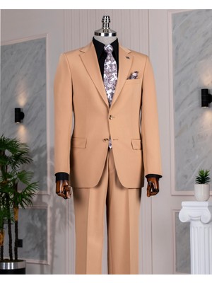 Italyan Stil Slim Fit Mono Yaka Ceket Pantolon Takım Elbise Camel T14235
