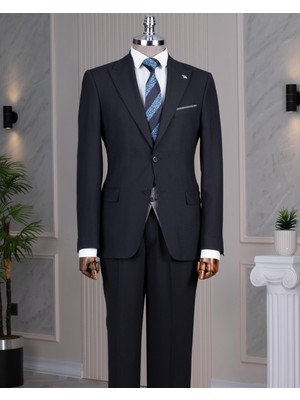 İtalyan stil slim fit sivri yaka ceket yelek pantolon takım elbise lacivert T14288