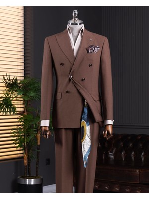 Italyan Stil Kruvaze Ceket Pantolon Takım Elbise Kahverengi T14114