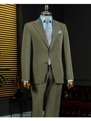 Italyan Stil Slim Fit Mono Yaka Ceket Pantolon Takım Elbise Yeşil T14013