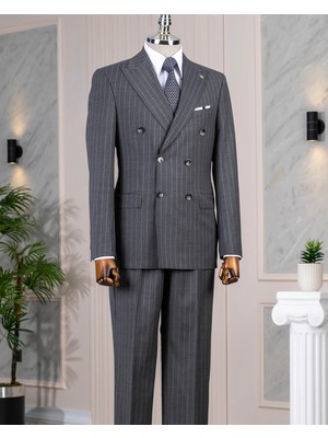 İtalyan stil yün karışımlı kruvaze ceket pantolon takım elbise gri T14324