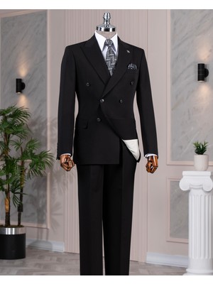 Italyan Stil Kruvaze Ceket Pantolon Takım Elbise Siyah T14188