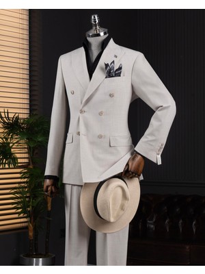 İtalyan stil slim fit kruvaze ceket pantolon takım elbise bej T14113