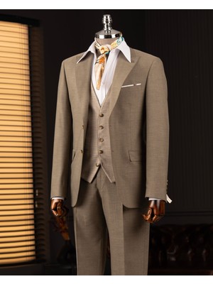 Italyan Stil Kombin Takım Elbise Ceket Yelek Pantalon Haki T14036