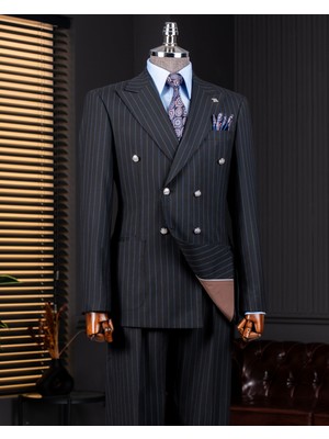 Italyan Stil Slim Fit Kruvaze Ceket Pantolon Takım Elbise Siyah T14294