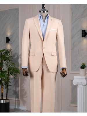 Italyan Stil Slim Fit Ceket Pantolon Takım Elbise Bej T14160
