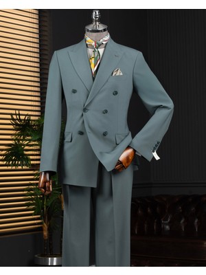 İtalyan stil slim fit kruvaze ceket pantolon takım elbise yeşil T14118