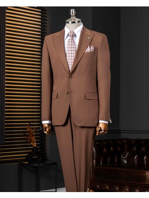 İtalyan stil slim fit ceket pantolon takım elbise kahverengi T14007