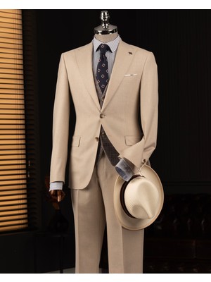 Italyan Stil Kombin Takım Elbise Ceket Yelek Pantalon Bej T14037