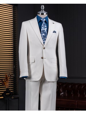 Italyan Stil Slim Fit Mono Yaka Ceket Pantolon Takım Elbise Ekru T14293