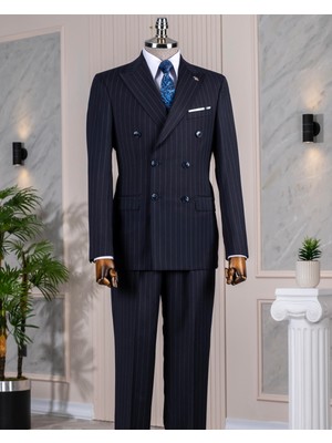 İtalyan stil yün karışımlı kruvaze ceket pantolon takım elbise lacivert T14322