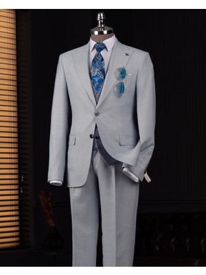 Italyan Stil Kombin Takım Elbise Ceket Yelek Pantalon Mavi T14038