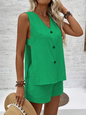 Keten Kolsuz Bluz Şort Yazlık Ikili Takım