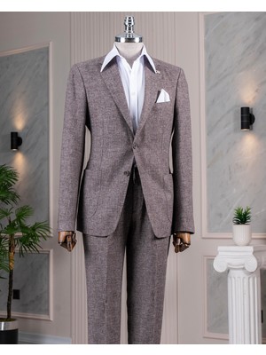 Italyan Stil Slim Fit Mono Yaka Ceket Pantolon Takım Elbise Bej T14365