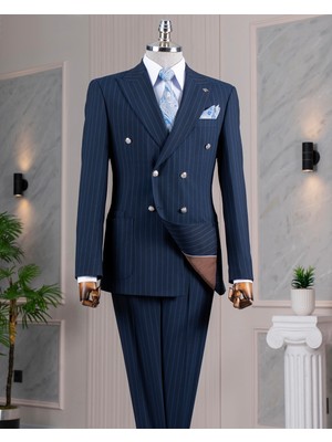 Italyan Stil Slim Fit Kruvaze Ceket Pantolon Takım Elbise Lacivert T14295