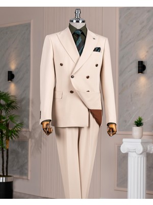 Italyan Stil Kruvaze Ceket Pantolon Takım Elbise Bej T14189