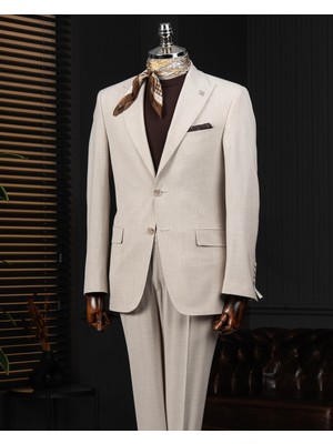 Italyan Stil Slim Fit Ceket Pantolon Takım Elbise Bej T14142