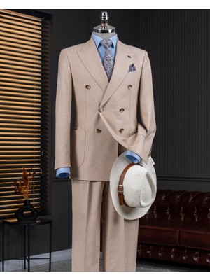 Italyan Stil Kruvaze Ceket Pantolon Takım Elbise Camel  T14095