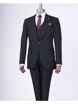 Italyan Stil Slim Fit Ceket Yelek Pantolon Takım Elbise Siyah T13503