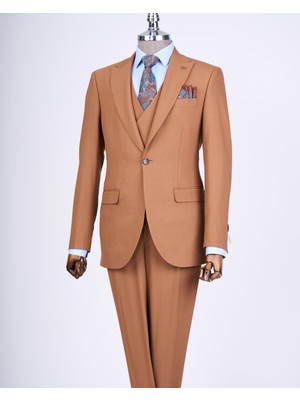 Italyan Stil Slim Fit Erkek Ceket Yelek Pantolon Takım Elbise Taba T12978