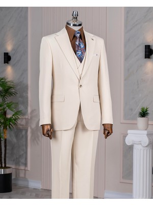 Italyan Stil Slim Fit Ceket Yelek Pantolon Takım Elbise Bej T14385