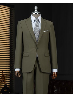 Italyan Stil Slim Fit Ceket Pantolon Takım Elbise Haki T14161