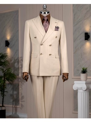 Italyan Stil Slim Fit Kruvaze Ceket Pantolon Takım Elbise Bej T14202