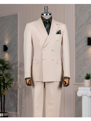 Italyan Stil Kruvaze Ceket Pantolon Takım Elbise Bej T14191