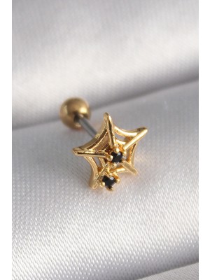 316L Çelik Gold Renk Siyah Zirkon Taş Detay Örümcek Ağ Model Tragus Piercing - Lisinya