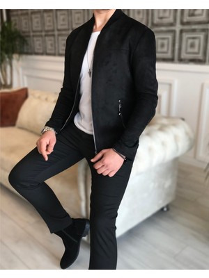Terzi Adem İtalyan stil slim fit mevsimlik erkek süet mont ince ceket Siyah T4907