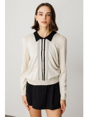 59320 Onteks Yakası ve Önü Düğmeli Zigzak Görünümlü Düğmeli Uzun Kol Bluz