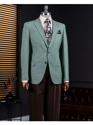 Italyan Stil Slim Fit Mono Yaka Erkek Tek Ceket Haki T14305