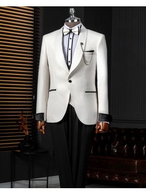 Italyan Stil Slim Fit Şal Yaka Ceket Yelek Pantolon Damatlık Set Ekru T14252